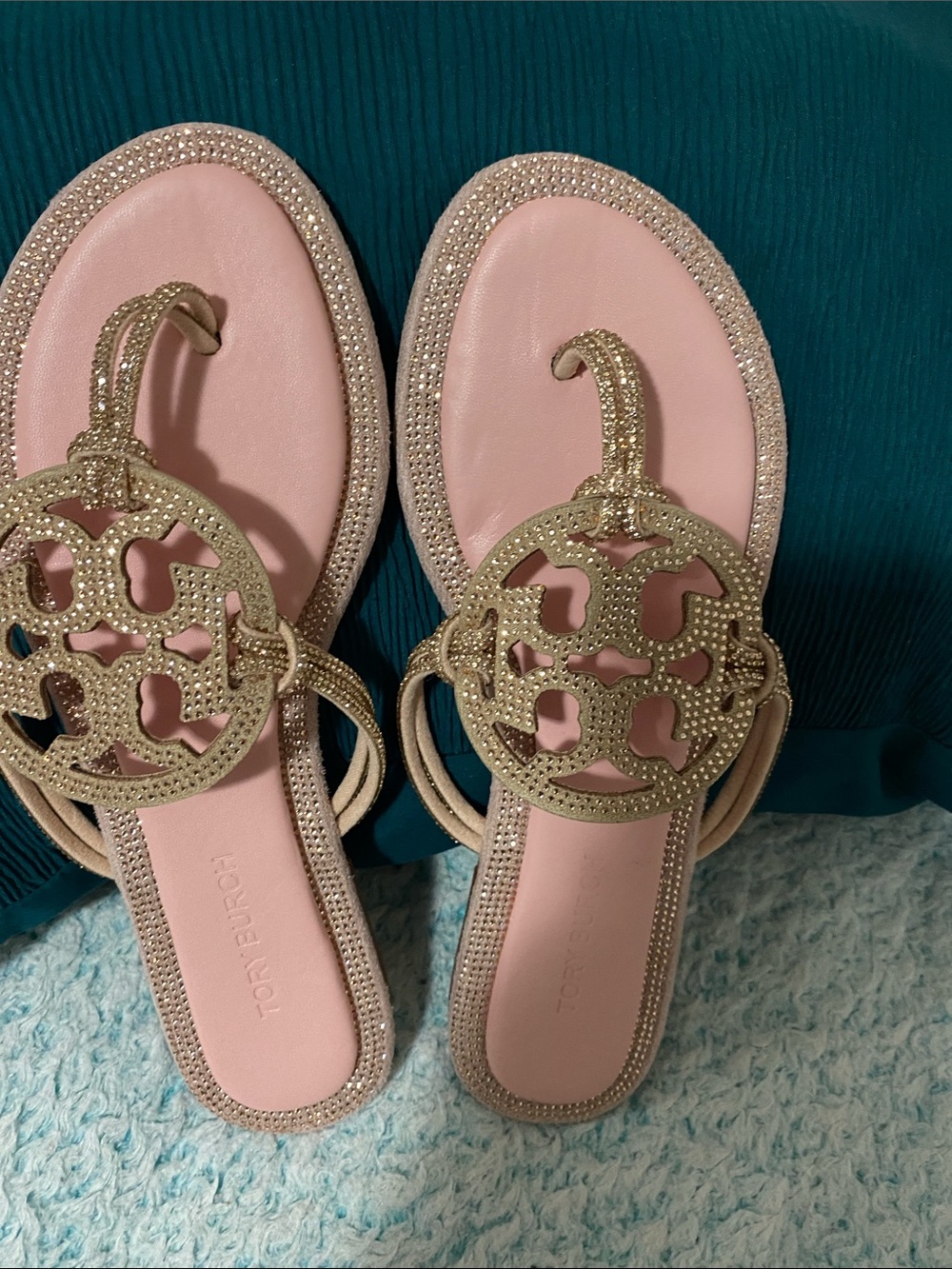 Tory Burch Pink Leather Sandals with Gold Logo Accent